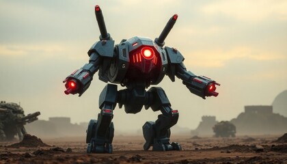 4K HD Wallpapers Futuristic Battle Robot With Glowing Red Eyes In A Desolate Battlefield. Desktop Wallpaper HD. HD Backgrounds