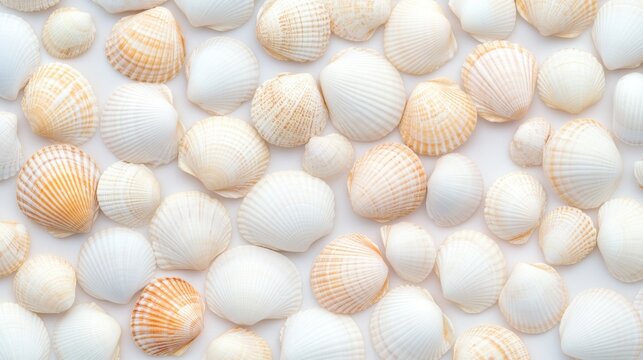 Seashell Texture: A close-up shot of seashells arranged in a captivating pattern, creating a beautiful and organic texture. The shells are a mix of white and beige.