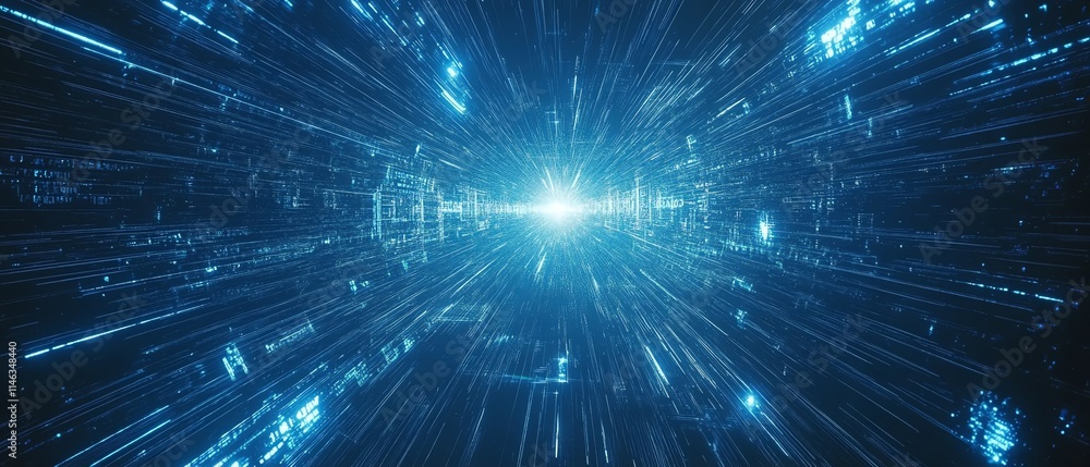 Aufkleber Advanced global technology network with interconnected nodes, dynamic data exchanges, vibrant blue light streams, ultradetailed, photorealistic, 8K