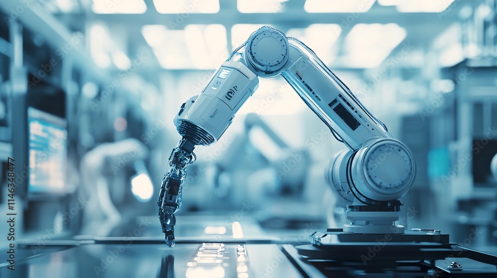 Poster robotic arm working on assembly line in modern factory