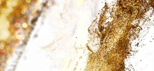Sparkling gold particles explode on white. Ideal for luxury, celebration, and festive designs.