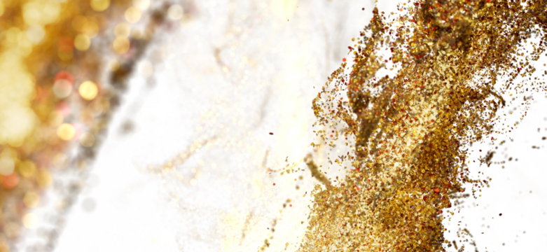Sparkling gold particles explode on white. Ideal for luxury, celebration, and festive designs.