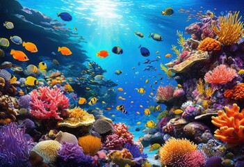 vibrant coral reef close showcasing colorful lively sea intricate coral structures bright underwater environment, adventure, algae, anemones