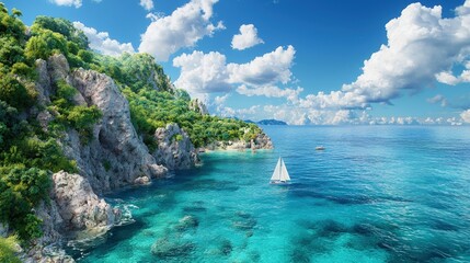 Obraz premium Sailboat on turquoise sea near rocky coast.