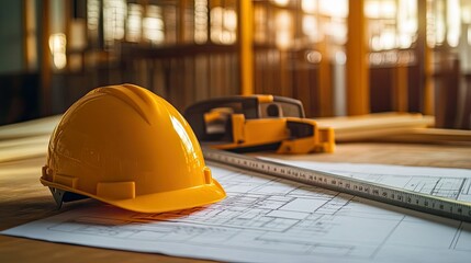 Close-Up of Yellow Hard Hat and Measuring Tape on Construction Plans in a Sunlit Workshop Environment Highlighting Safety and Planning in Building Projects