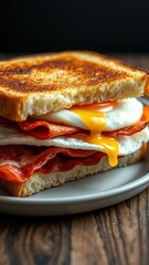 Breakfast sandwich with crispy bacon and perfectly cooked egg on toasted bread served on a plate