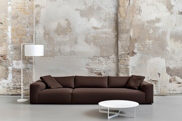 A sleek, modern design showcases a sunny living room with a plush sofa, coffee table, floral arrangement, and artwork on white walls. This minimalist apartment is up for rent.