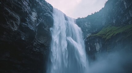 A majestic waterfall cascading down rocky cliffs, surrounded by mist and lush greenery.