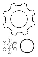 Gear, interconnected cubes, and circular target shape. Ideal for technology, engineering, mechanics data systems accuracy and innovation themes. Line metaphor. Line metaphor. Simple line icons