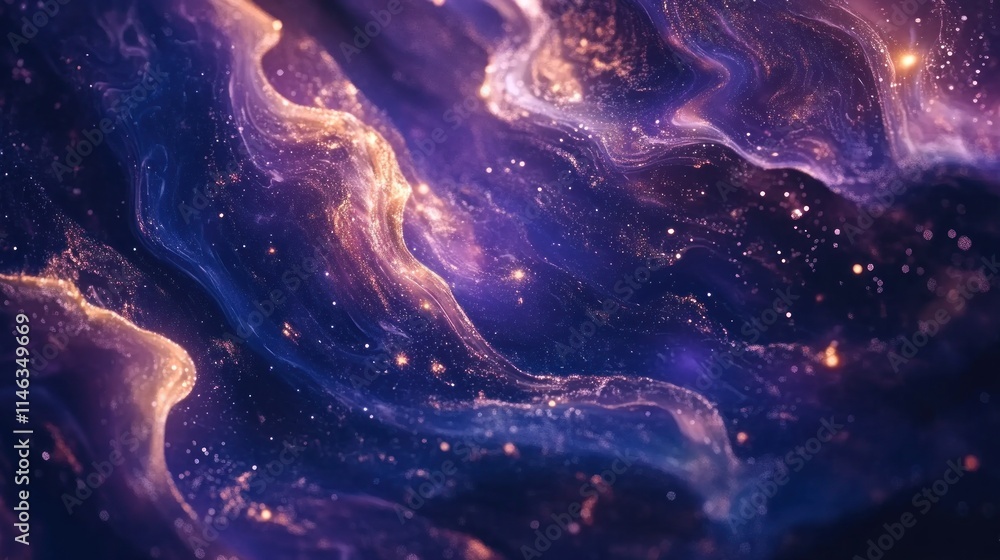 Poster a mesmerizing abstract depiction of cosmic waves with shimmering stars and deep purples.