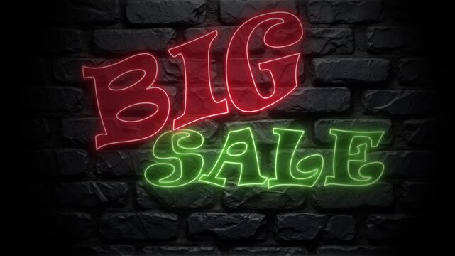 A neon Big smoothly drops from above, followed by SALE rising from below. Suddenly, a larger BIG flies in from the left, knocking the smaller Big out of frame on a brick wall background