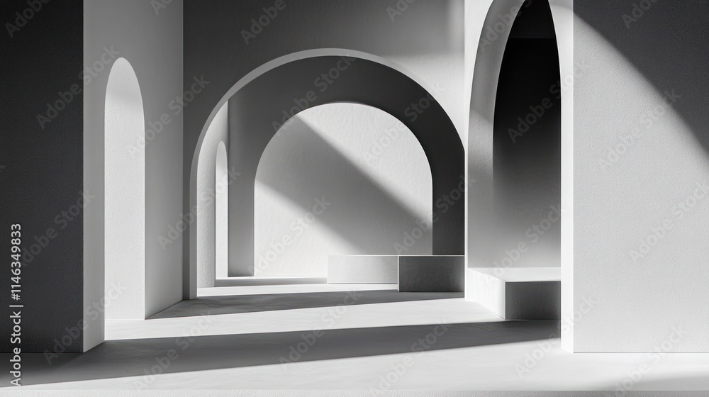 Poster A minimalist architectural space with arches and shadows, emphasizing light and form.