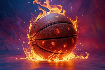 Fototapeta premium Illuminated Basketball Surrounded by Flames on a Colorful Background