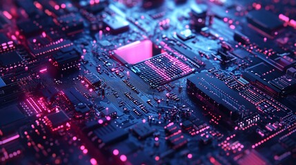 Futuristic circuit board pulsating with pink and blue lights