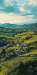Obraz premium a vineyard nestled in a valley, the green expanse stretching to the distant hills, dotted with quaint farmhouses.