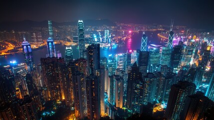 Obraz premium Stunning Aerial View of Hong Kong Skyline at Night with Illuminated Skyscrapers, Vibrant Lights, and a Beautiful Harbor Reflection