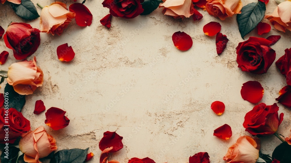 Poster a decorative layout features vibrant red and pink roses along with scattered petals on a textured li