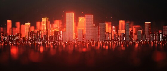 Abstract Cityscape at Night with Vibrant Red Light Reflection