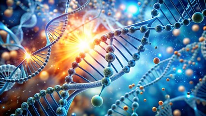 Innovative biotechnology conceptual background featuring DNA strands, molecular structures, and scientific elements representing genetic research and technological advancements