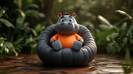 Naklejka premium Relaxing Hippo in Jungle Garden: A charming 3D-rendered hippopotamus enjoys a tranquil moment sitting in a comfy, circular chair amidst lush tropical greenery. The scene evokes peace and serenity.