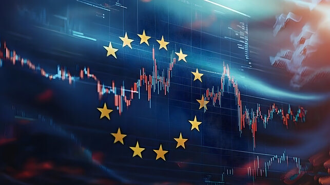 A flag of Europe with a graph of the stock market, finance, economy and data