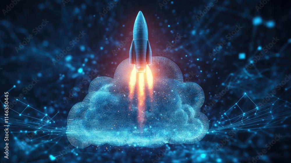 Poster futuristic rocket launching from a digital cloud in a high-tech environment representing innovation 
