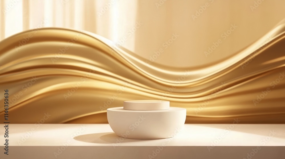 Aufkleber a minimalist bowl on a table with flowing golden fabric in the background.