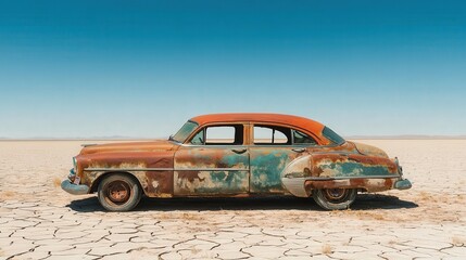 A vintage car is parked in the desert, its once-glossy paint now weathered and faded by the harsh desert winds.