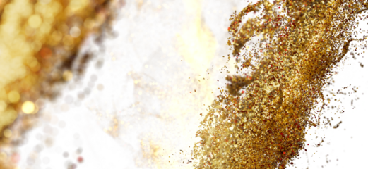 Sparkling gold and red glitter explosion on white. Festive, luxurious texture. Perfect for holidays, celebrations, and l