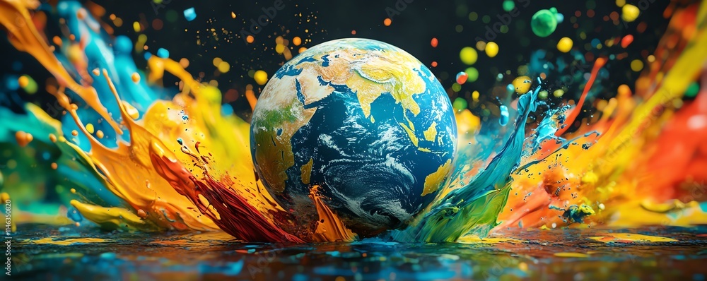 Poster earth s globe wrapped in swirling, vibrant paint splashes, creating a dynamic and colorful atmospher