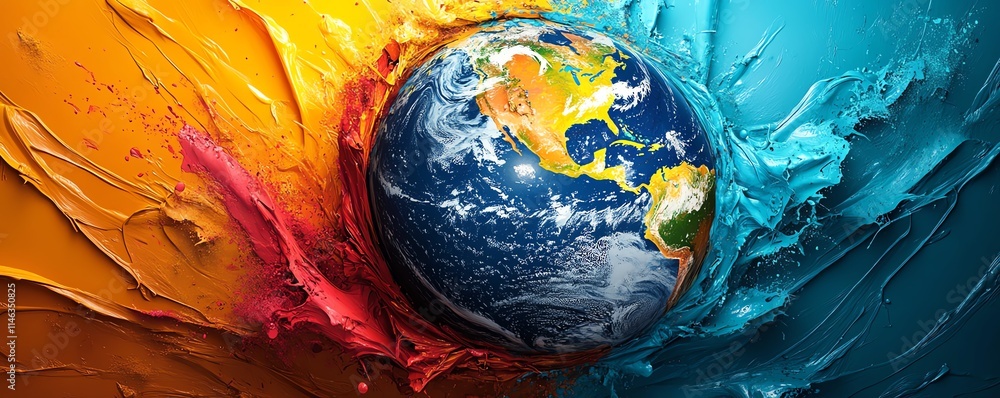 Poster earth s globe wrapped in swirling, vibrant paint splashes, creating a dynamic and colorful atmospher