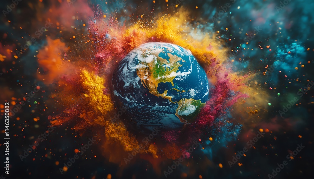 Poster earth with dynamic, colorful paint bursts emanating from its surface, creating a vibrant and creativ