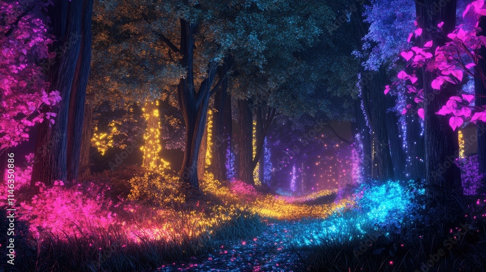 Poster enchanted forest with colorful glowing lights and vibrant flowers creating a magical atmosphere in a