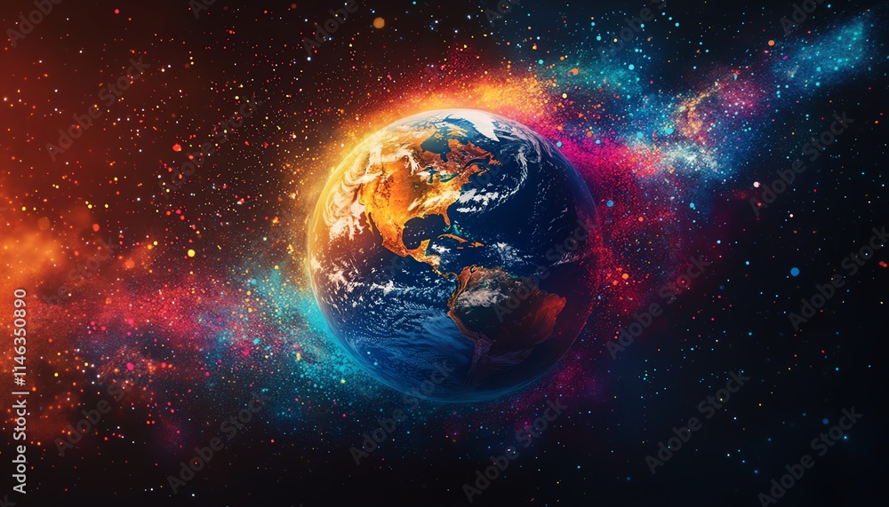 Poster earth with dynamic, colorful paint bursts emanating from its surface, creating a vibrant and creativ