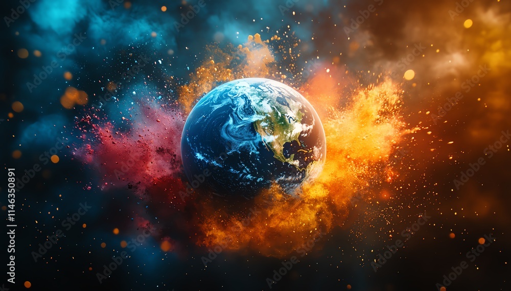 Poster earth with dynamic, colorful paint bursts emanating from its surface, creating a vibrant and creativ