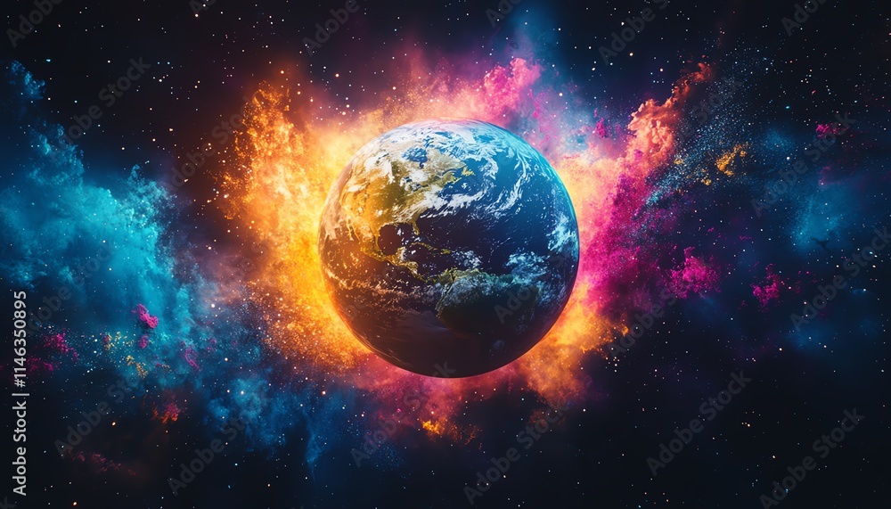 Poster earth with dynamic, colorful paint bursts emanating from its surface, creating a vibrant and creativ