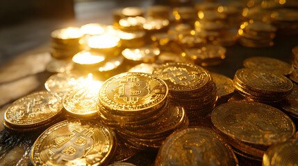 Golden Bitcoin Stacks 3D Illustration