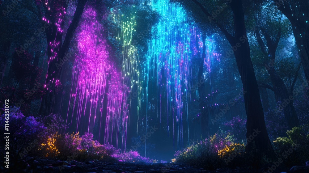 Poster enchanted forest with vibrant ethereal lights cascading from trees creating a mystical and dreamlike