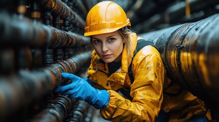 Female engineer inspecting industrial pipes in confined space.