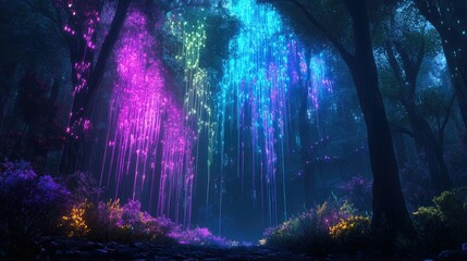 Enchanted Forest with Vibrant Ethereal Lights Cascading from Trees Creating a Mystical and Dreamlike Atmosphere in a Dimly Lit Environment