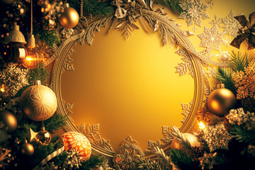 festive gold Christmas background with ornate decorations, including baubles, pine branches, and intricate snowflakes, creating warm and joyful holiday atmosphere