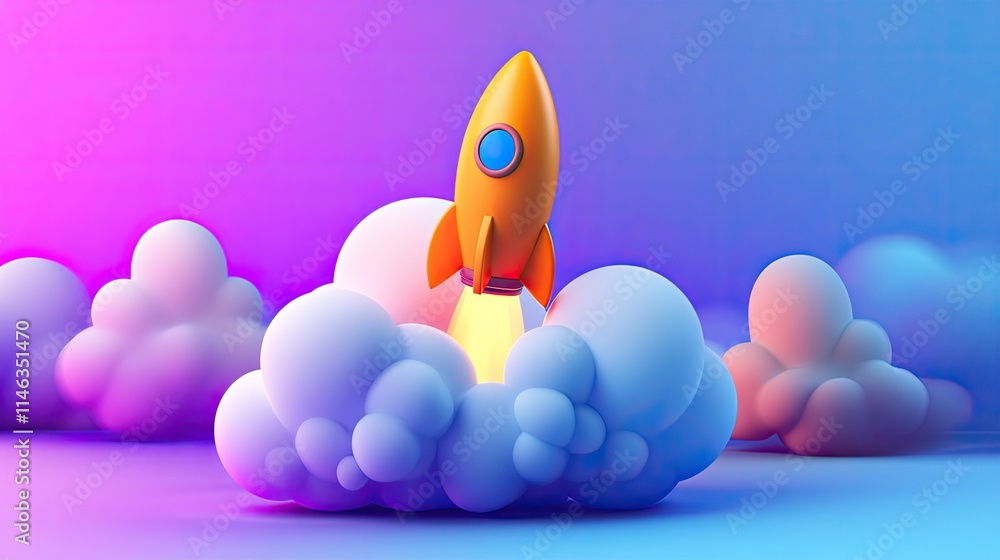 Poster bright and colorful rocket launching from soft clouds against a vibrant background representing inno
