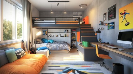 Modern Multifunctional Bedroom Design Featuring a Loft Bed, Stylish Decor, Vibrant Colors, and Cozy Textures in a Bright Natural Light Setting