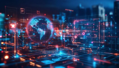 Obraz premium Global customer connections visualized with holographic Earth, dynamic data flows, bright neon lights, futuristic digital design, ultrarealistic, 8K