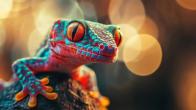 Colorful gecko perched on a rock with blurred background and striking light effects during twilight hours