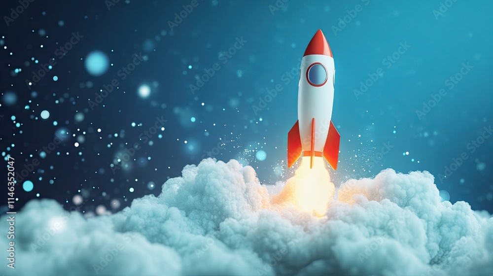 Aufkleber rocket launching from clouds with blue background and glowing particles for futuristic or innovation