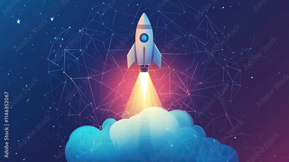 Poster dynamic launch of a futuristic rocket over a cloudy sky with a starry background and network connect