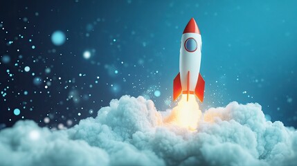 Rocket Launching from Clouds with Blue Background and Glowing Particles for Futuristic or Innovation Themes in Technology and Space Exploration