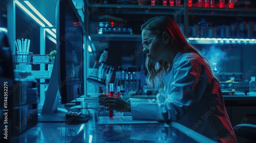 Poster female scientist working late in a lab, analyzing samples on a computer.