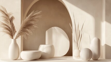 A minimalist display of white vases and organic shapes with soft lighting.